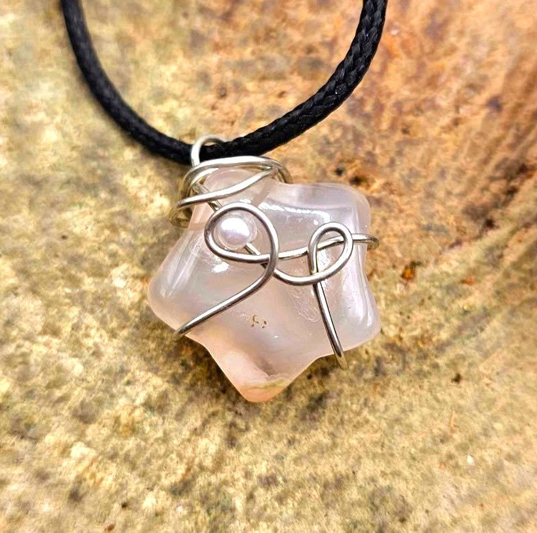 Nature Cherry Blossom Agate Star Wire Wrapped Pendant Necklace