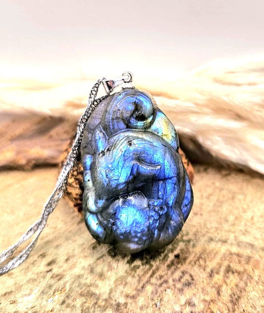 Nature Labradorite Carved Sleeping Nine Tails Fox Pendant Necklace