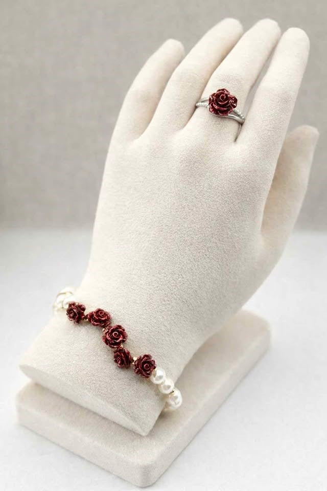 Cinnabar Stone Carved Rose Bracelet And Ring Set