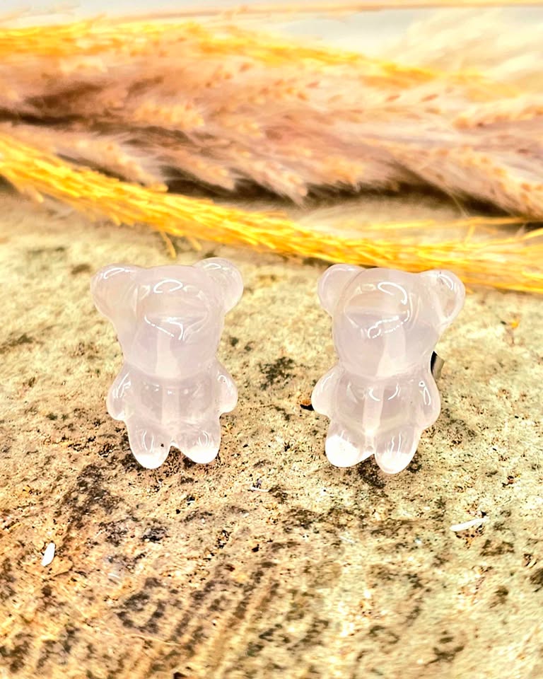 Nature Rose Quartz Carved Bear Ear Stud