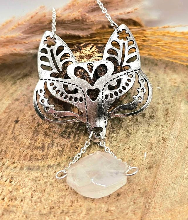 Metal Fox Head With Hanging Rose Quartz Pendant Necklace