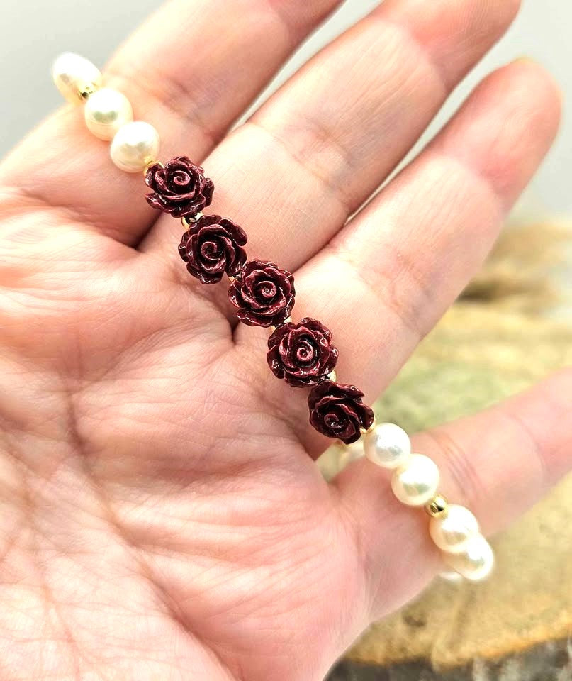 Cinnabar Stone Carved Rose Bracelet And Ring Set
