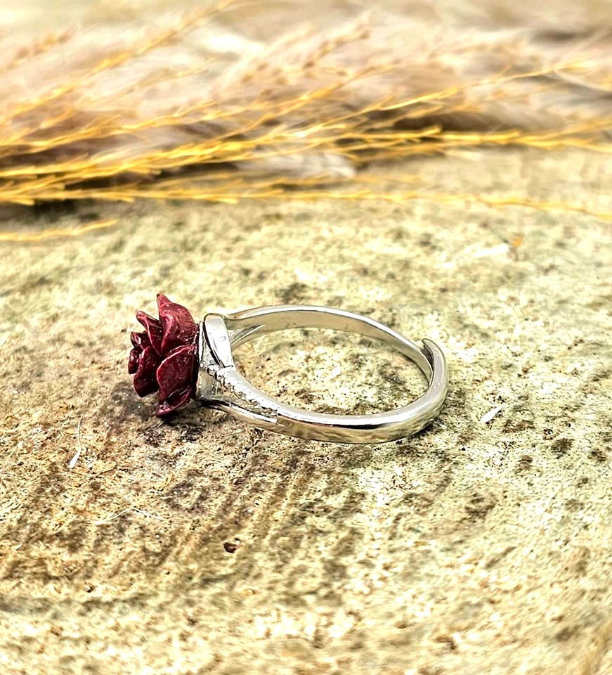 Cinnabar Stone Carved Rose Bracelet And Ring Set