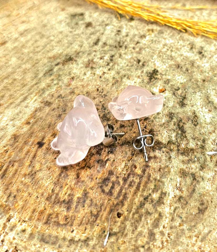 Nature Rose Quartz Carved Bear Ear Stud