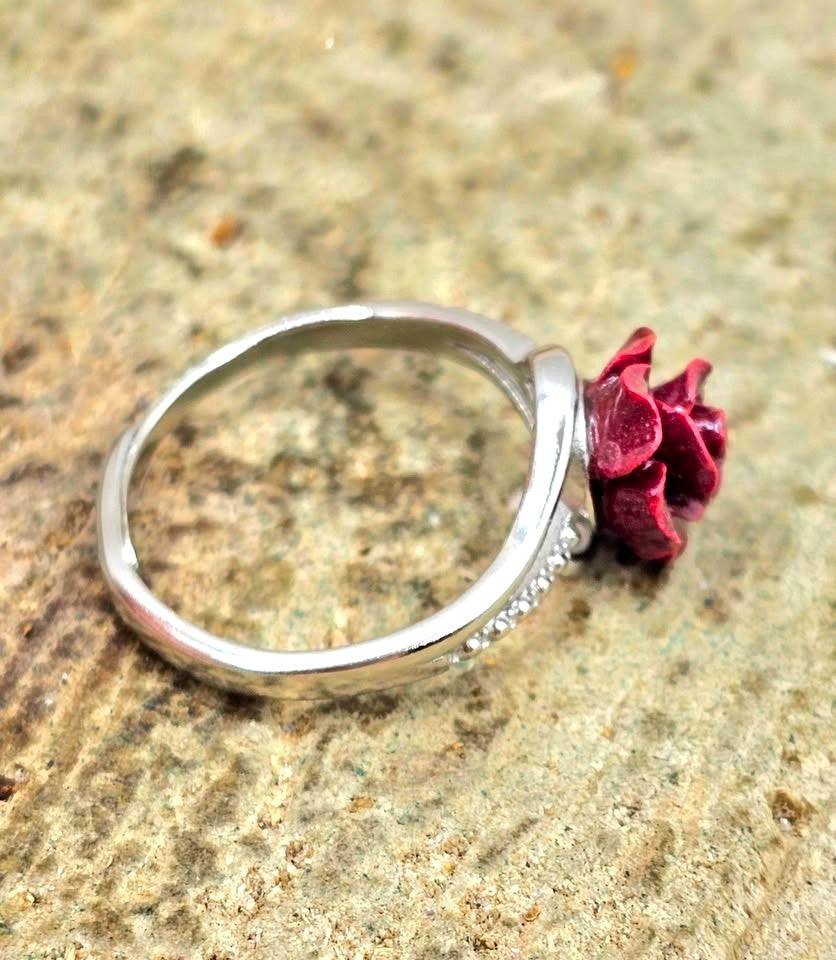 Cinnabar Stone Carved Rose Bracelet And Ring Set