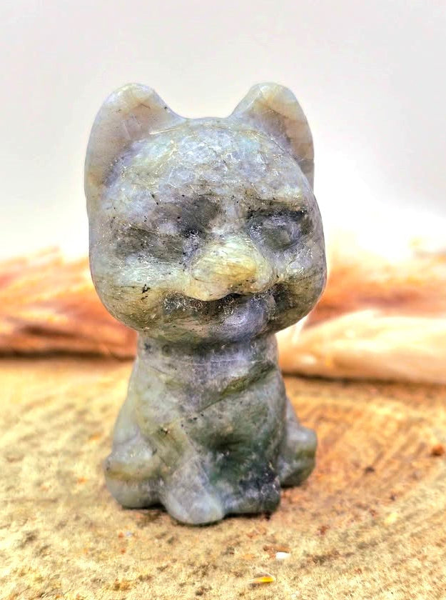Nature Labradorite Carved Cheerful Dog Figure