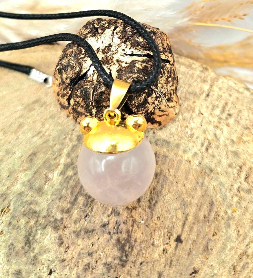 Nature Rose Quartz Sphere Bear Ear Pendant Necklace