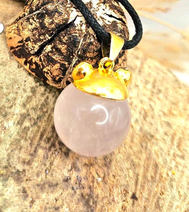 Nature Rose Quartz Sphere Bear Ear Pendant Necklace