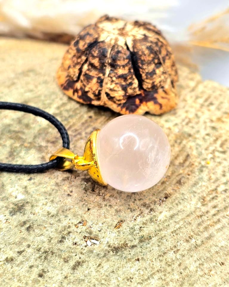 Nature Rose Quartz Sphere Bear Ear Pendant Necklace