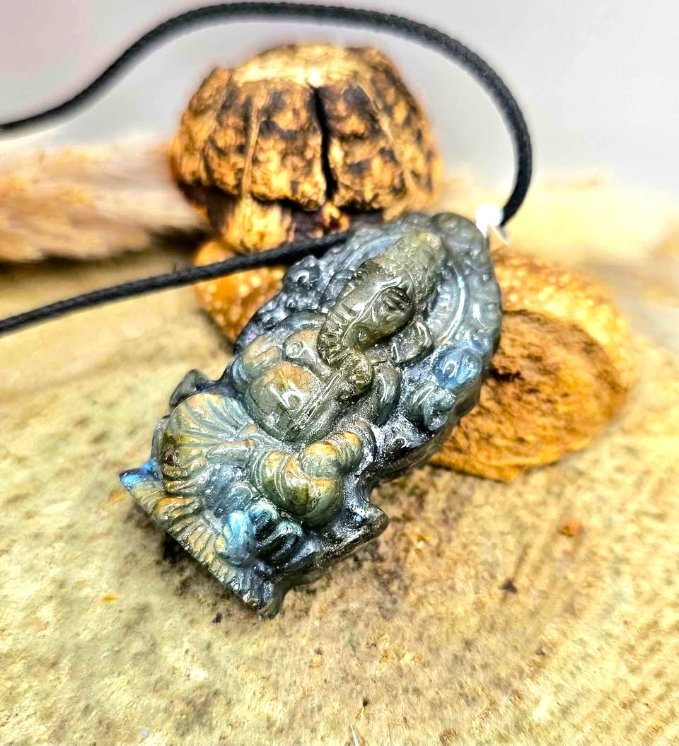 Nature Labradorite Carved Elephant God Ganesha Pendant Necklace
