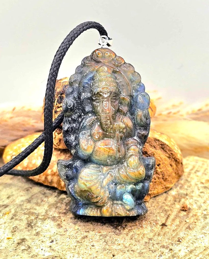 Nature Labradorite Carved Elephant God Ganesha Pendant Necklace