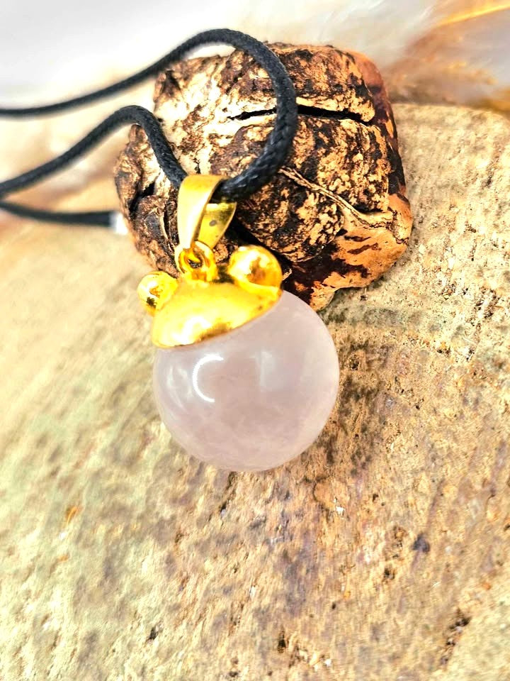Nature Rose Quartz Sphere Bear Ear Pendant Necklace