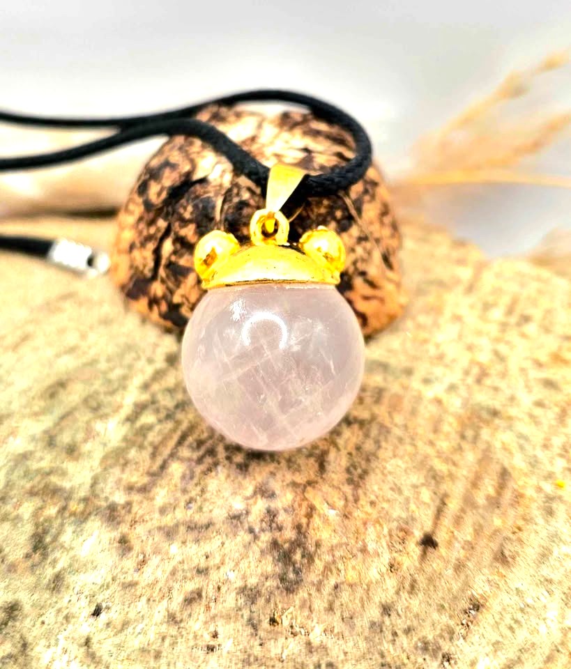 Nature Rose Quartz Sphere Bear Ear Pendant Necklace