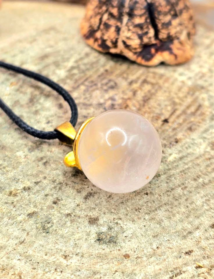 Nature Rose Quartz Sphere Bear Ear Pendant Necklace