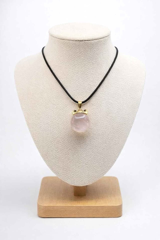 Nature Rose Quartz Sphere Bear Ear Pendant Necklace