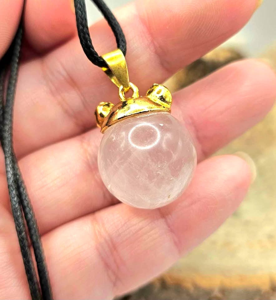 Nature Rose Quartz Sphere Bear Ear Pendant Necklace