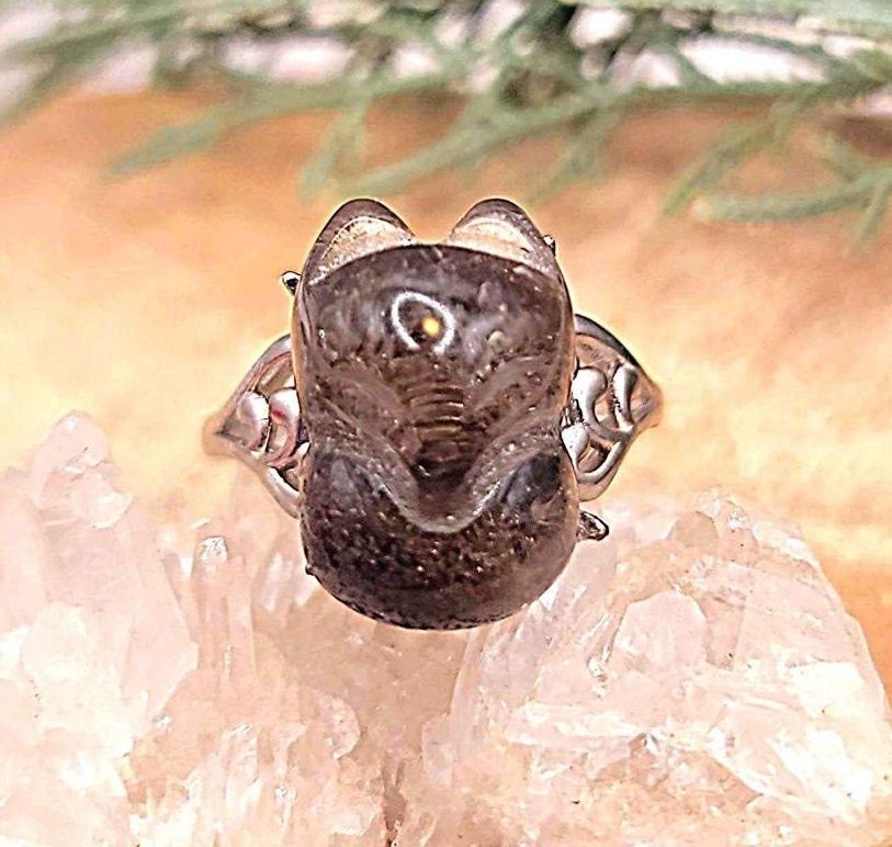 Beautiful Nature Phantom Quartz Hand Carved Fox Adjustable Ring