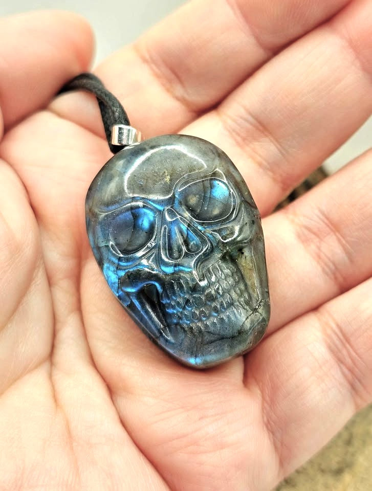 Labradorite flashy skull pendant necklace alternate angle — My Aura Gemstones
