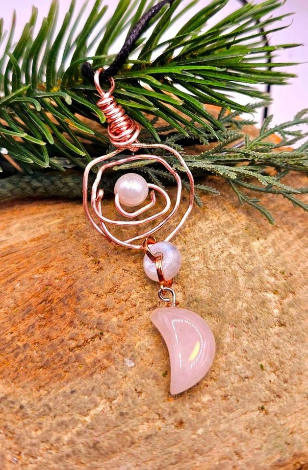 Unique Nature Moon Stone & Rose Quartz Moon Wire Wrapped Orbit Pendant Necklace