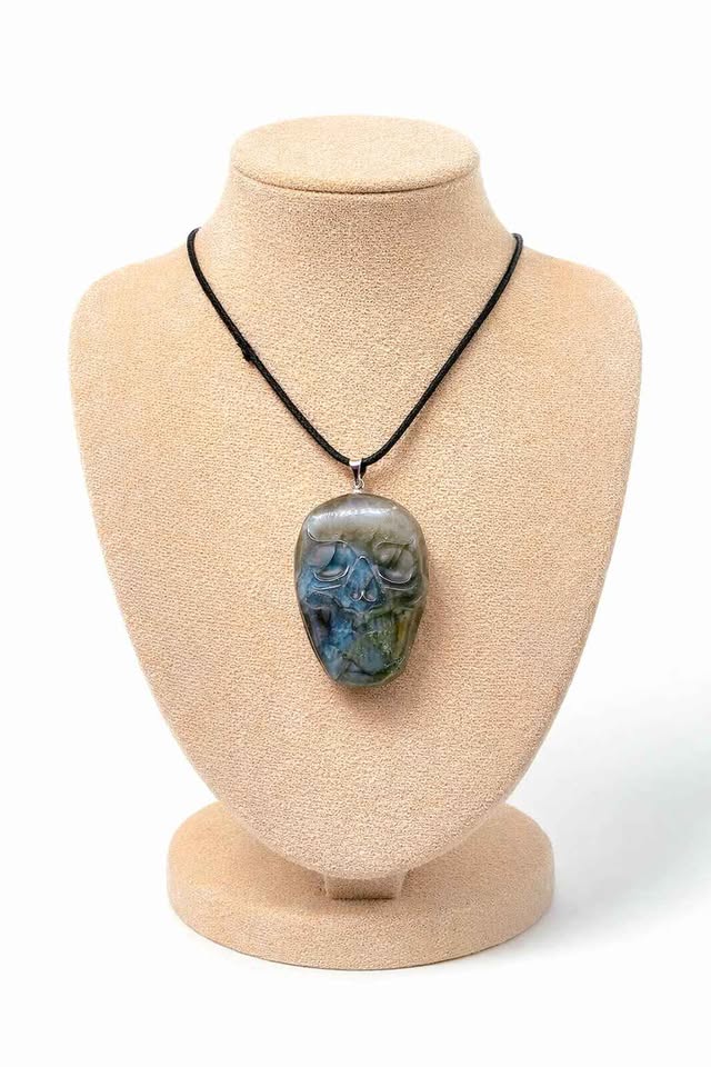 Labradorite flashy skull pendant necklace lifestyle view — My Aura Gemstones