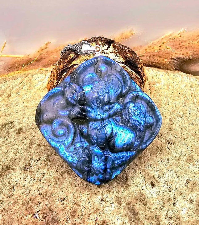 Nature Labradorite Carved Nine Tails Fox Pendant Necklace