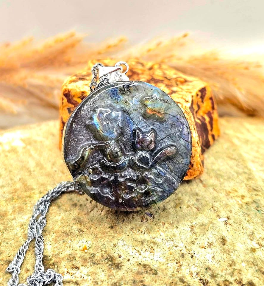 Labradorite little prince and fox pendant necklace alternate angle — My Aura Gemstones