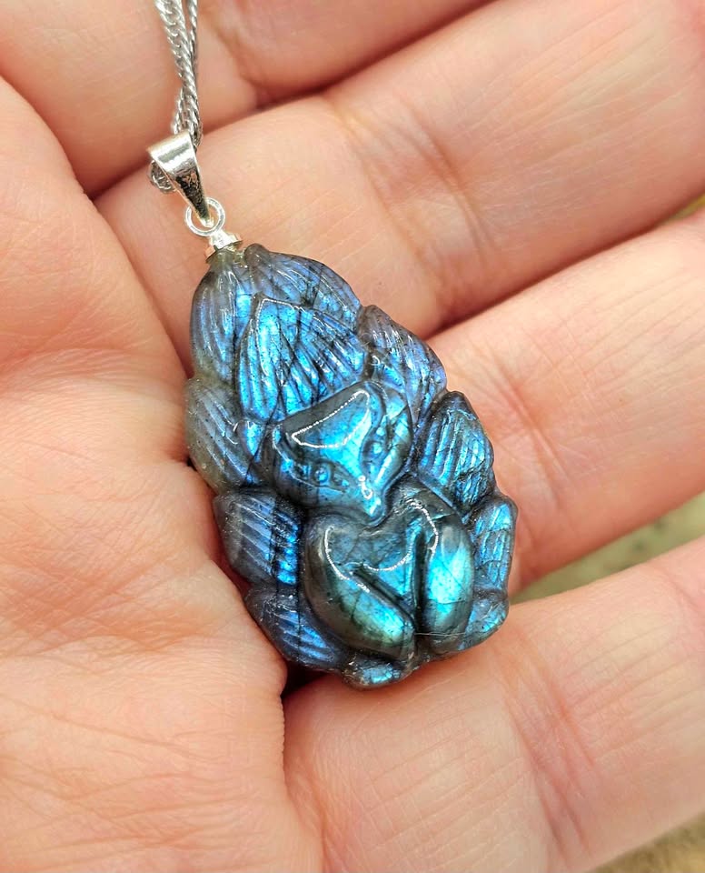 Nature Labradorite Carved Nine Tails Fox Pendant Necklace