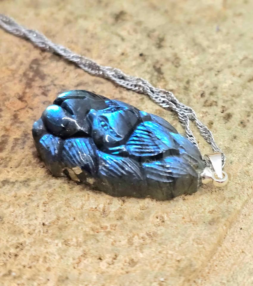 Nature Labradorite Carved Nine Tails Fox Pendant Necklace
