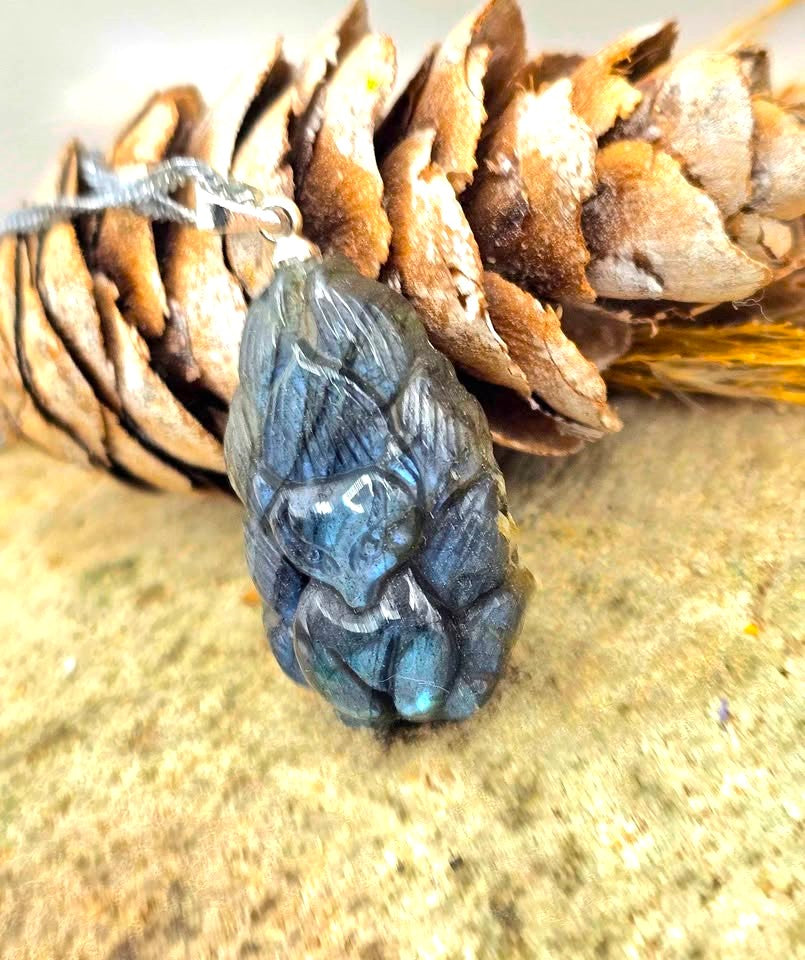 Nature Labradorite Carved Nine Tails Fox Pendant Necklace