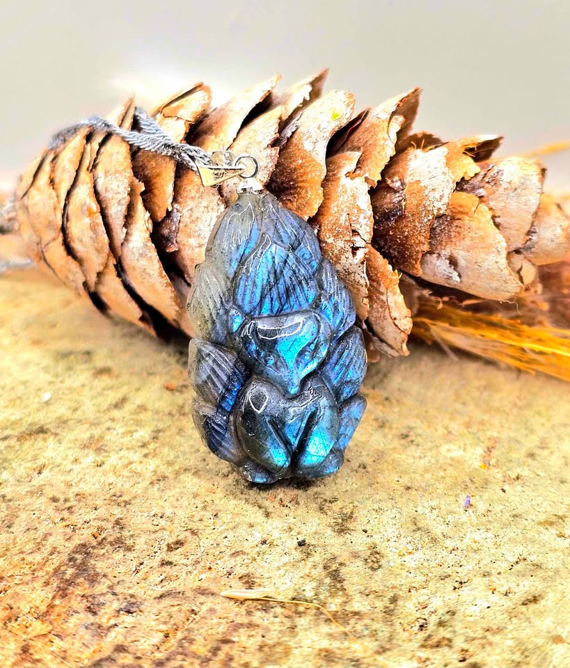 Nature Labradorite Carved Nine Tails Fox Pendant Necklace