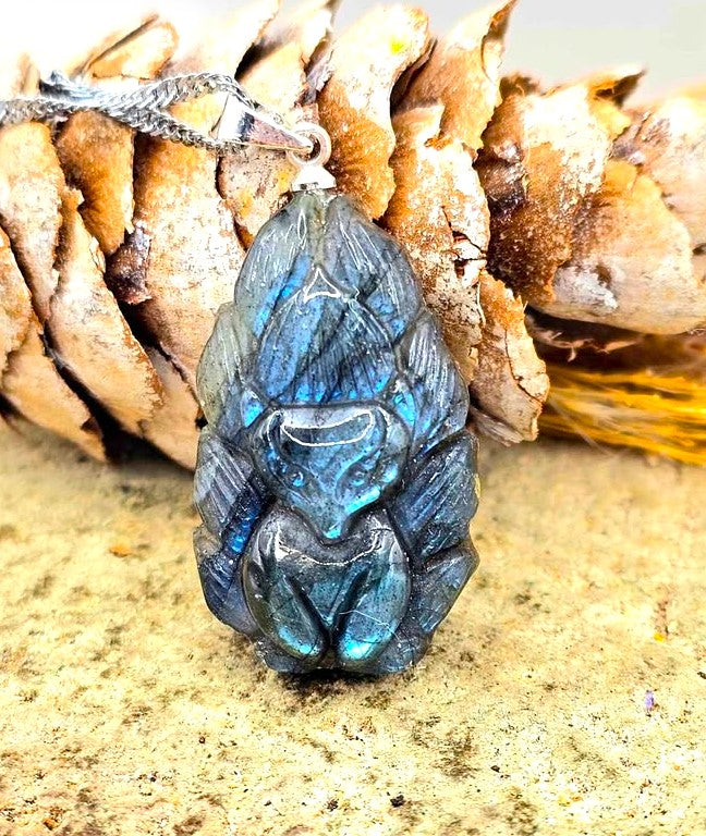 Nature Labradorite Carved Nine Tails Fox Pendant Necklace