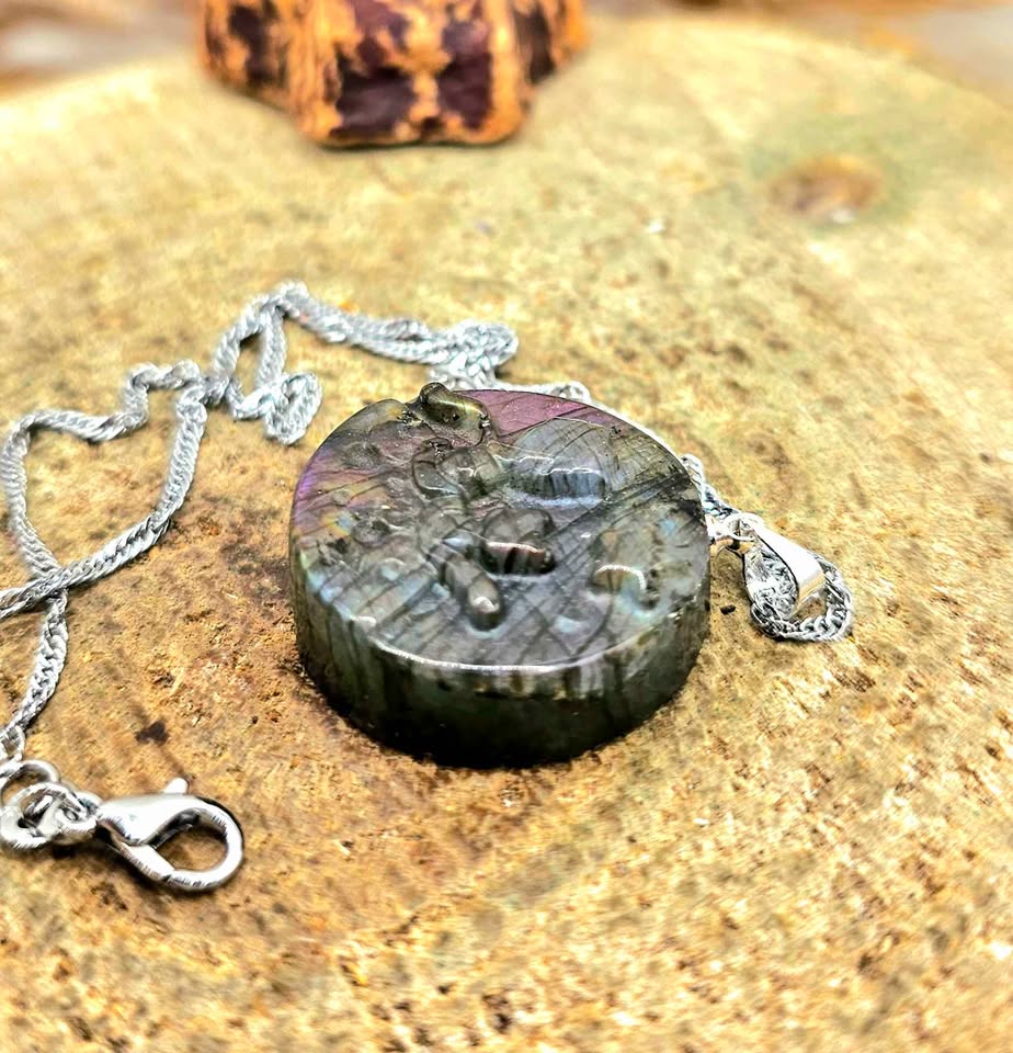 Labradorite little prince and fox pendant necklace worn view — My Aura Gemstones