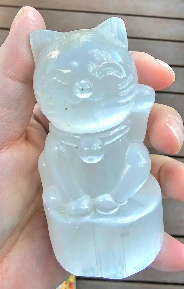 Premium Grade Nature Selenite Hand Carved 3.5" Fortune Cat Figure