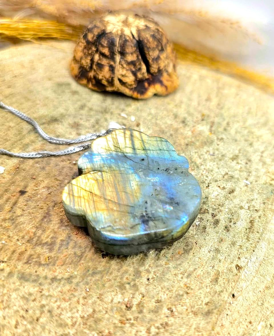 Labradorite carved elegant nine tails fox looking back pendant close-up — My Aura Gemstones