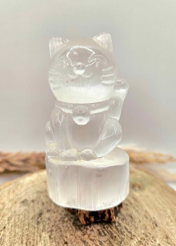 Premium grade selenite hand-carved lucky cat crystal figure alternate angle — My Aura Gemstones