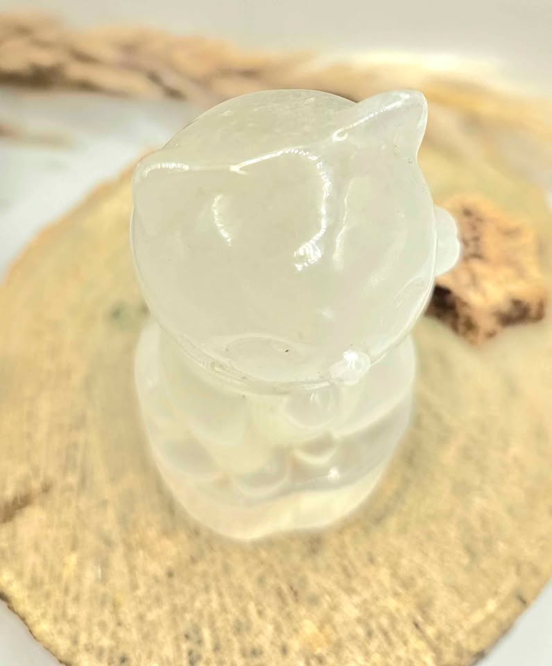 Premium Grade Nature Selenite Hand Carved 3.5" Fortune Cat Figure