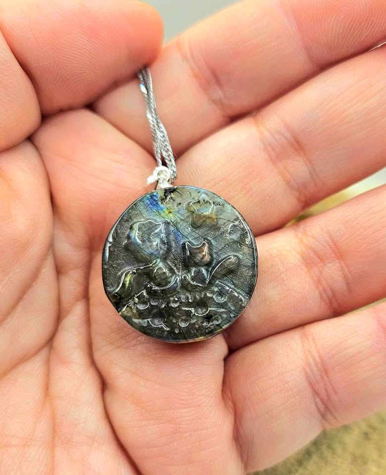 Labradorite little prince and fox pendant necklace lifestyle view — My Aura Gemstones