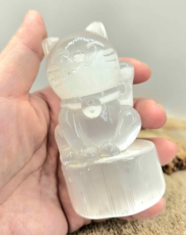 Premium Grade Nature Selenite Hand Carved 3.5" Fortune Cat Figure