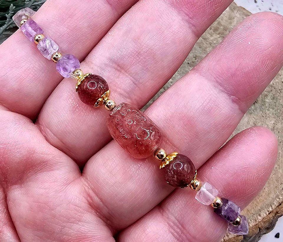 Nature Mixed Colors Fluorite Strawberry Quartz Pi Xiu Bracelet
