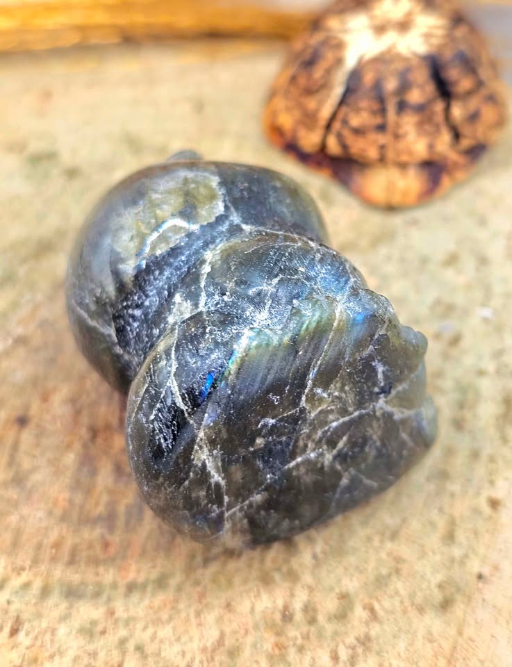 Labradorite hand-carved cute cat decor figure back view — My Aura Gemstones