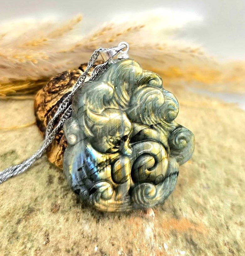 Labradorite carved elegant nine tails fox looking back pendant size reference — My Aura Gemstones