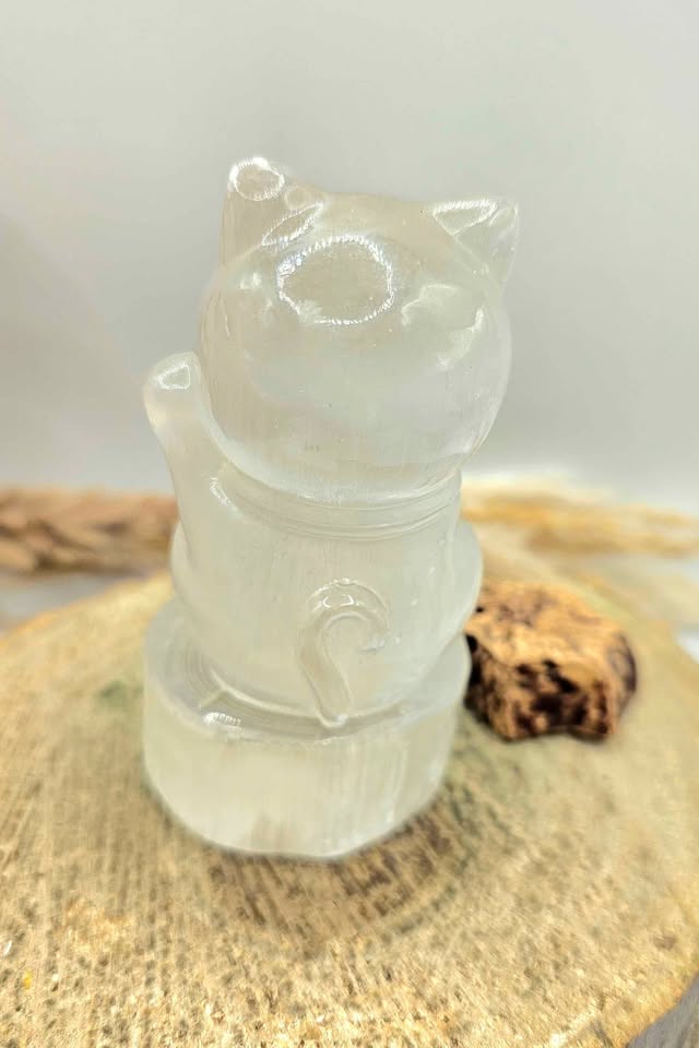 Premium Grade Nature Selenite Hand Carved 3.5" Fortune Cat Figure