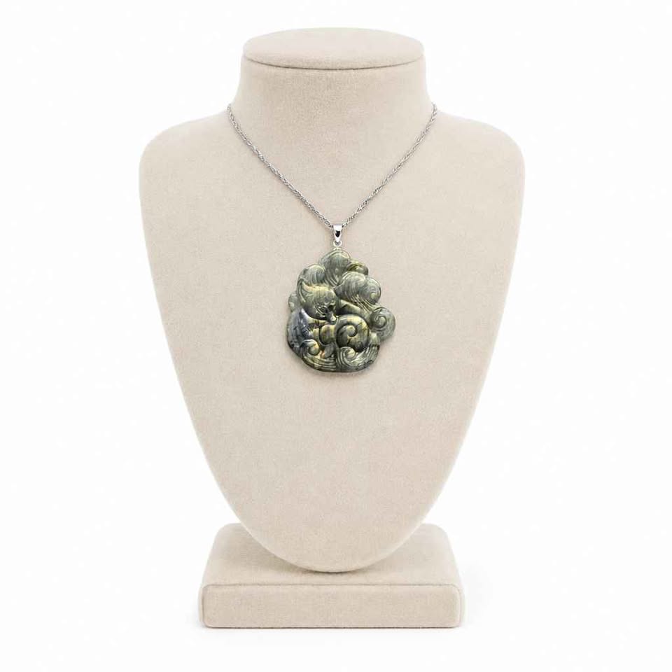 Labradorite carved elegant nine tails fox looking back pendant back view — My Aura Gemstones