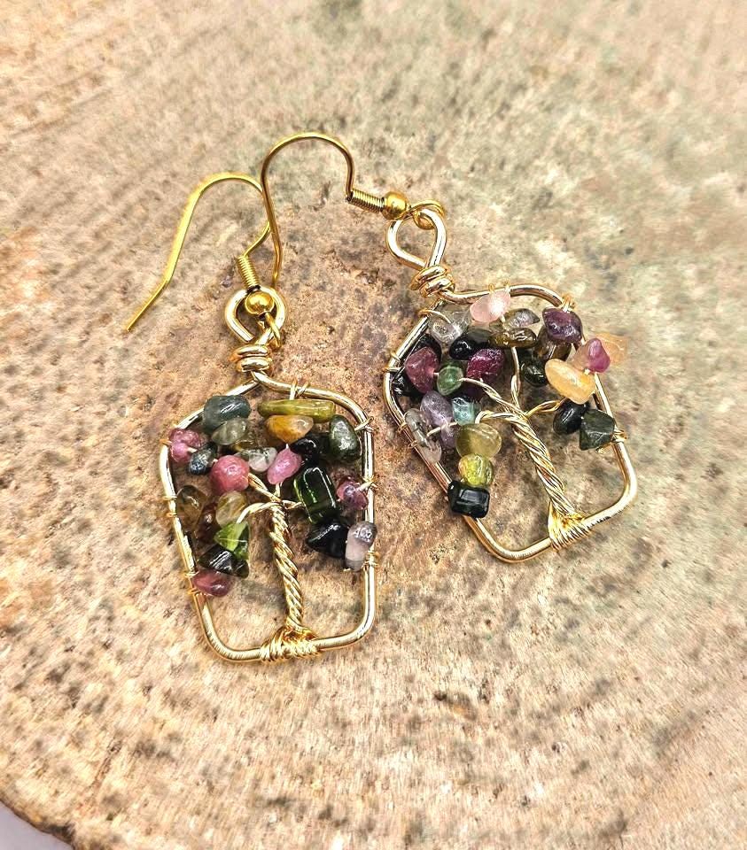Nature Tourmaline Chips Tree of Life Earring