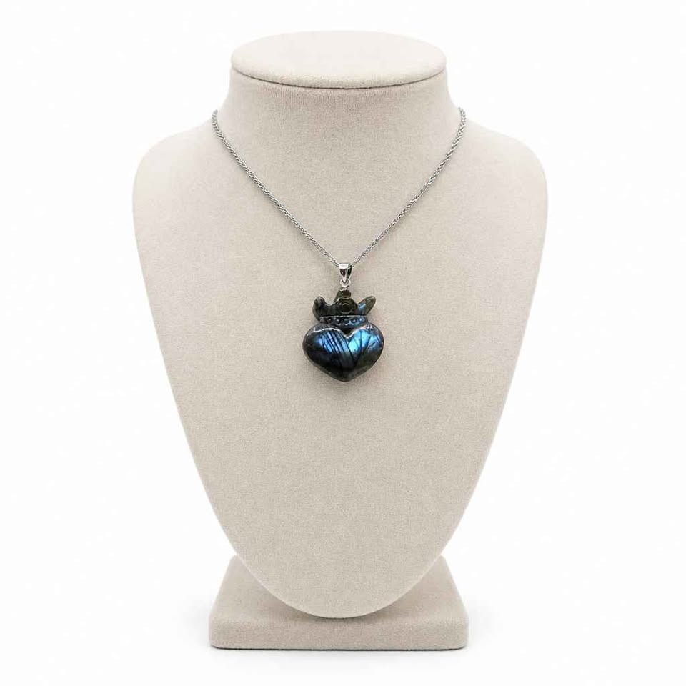 Labradorite heart with crown pendant necklace close-up — My Aura Gemstones