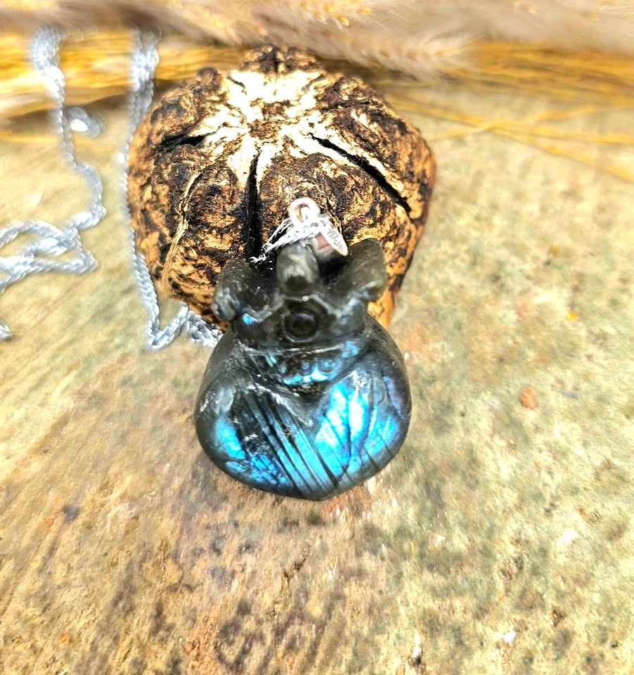 Labradorite heart with crown pendant necklace worn view — My Aura Gemstones