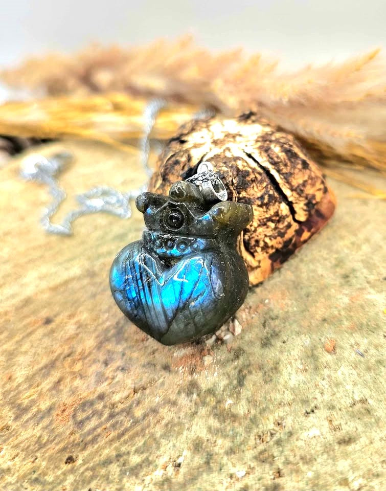 Labradorite heart with crown pendant necklace size reference — My Aura Gemstones