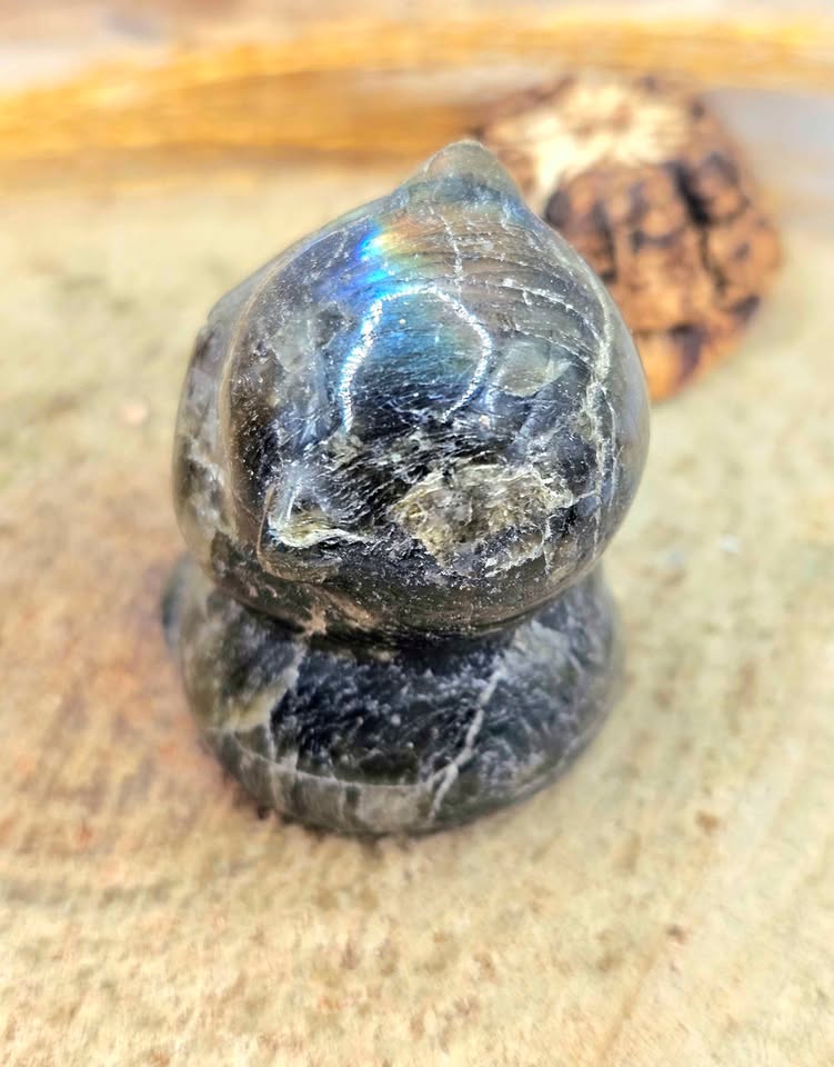 Labradorite hand-carved cute cat decor figure side view — My Aura Gemstones
