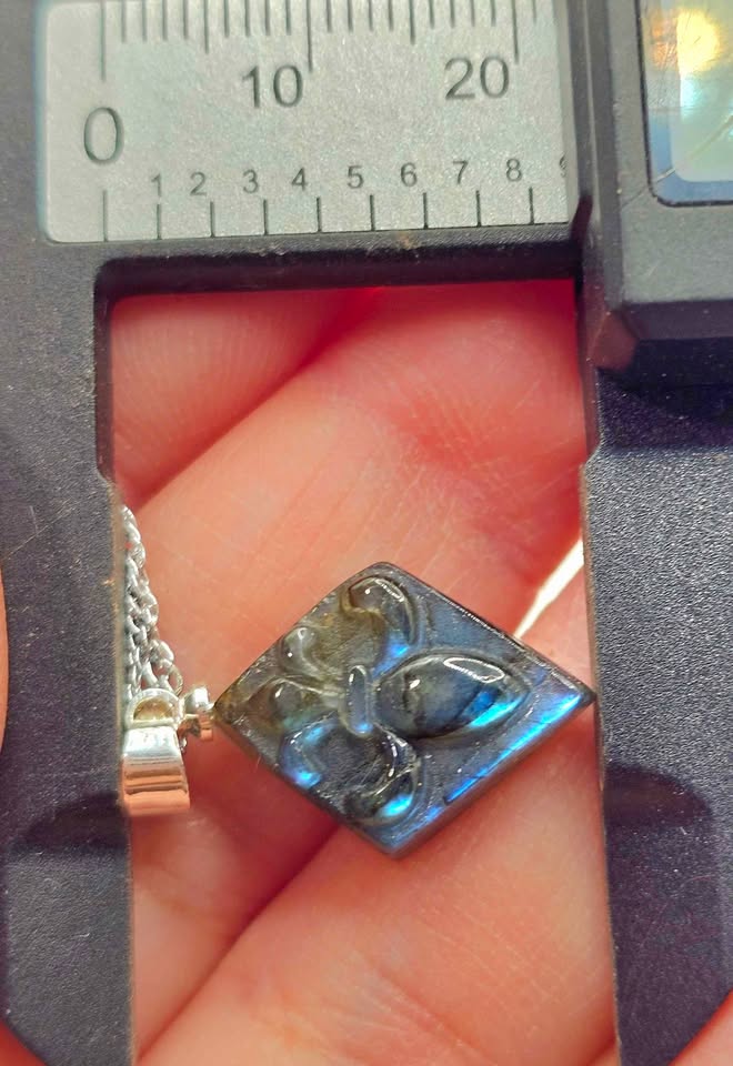 Labradorite carved fleur-de-lis symbol tile pendant necklace packaging view — My Aura Gemstones