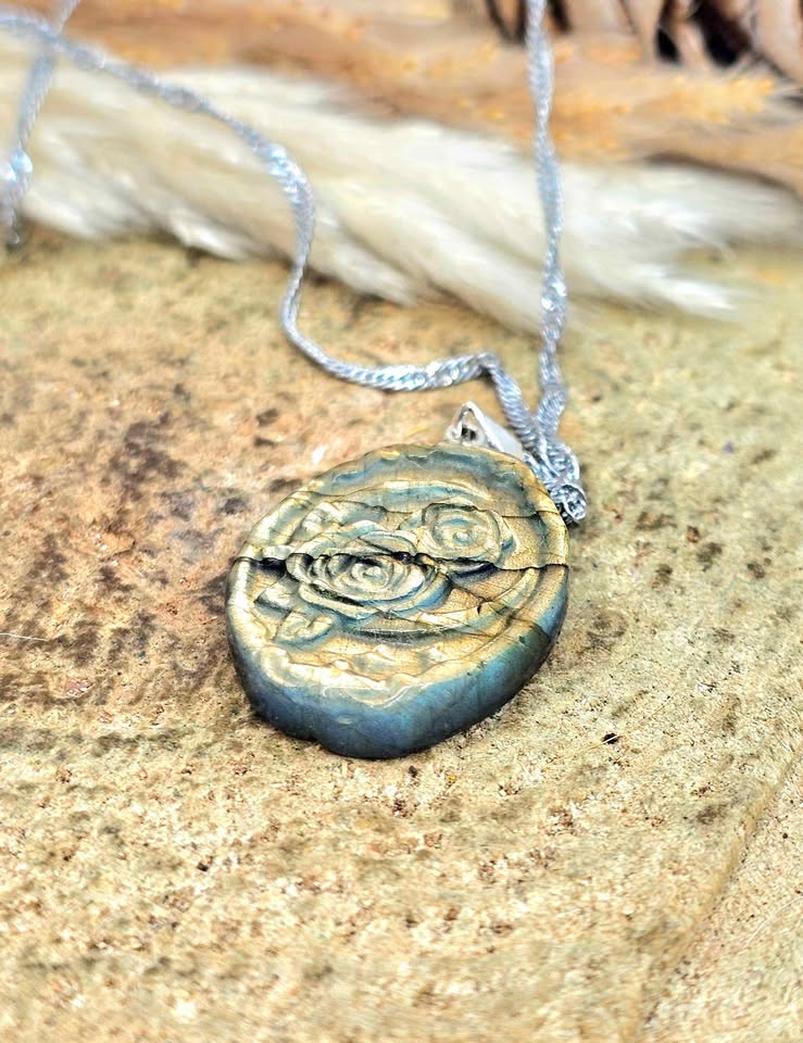 Natural Labradorite Carved Roses and Moon Pendant Necklace
